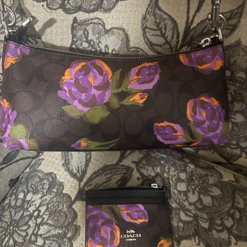Coach Brown Leather Shoulder Bag with Purple and Orange Floral Print - Picture 7 of 10